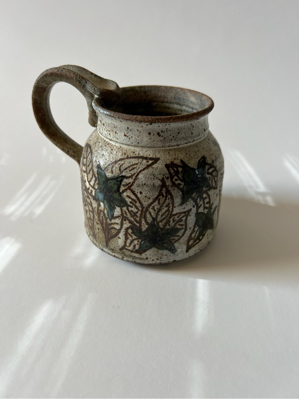 Handmade Studio Pottery Stoneware Mug Leaf Floral Pattern Beige Brown